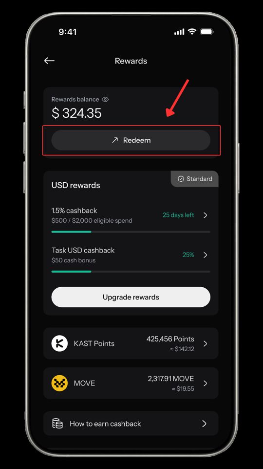 KAST app Rewards screen with the Redeem button highlighted